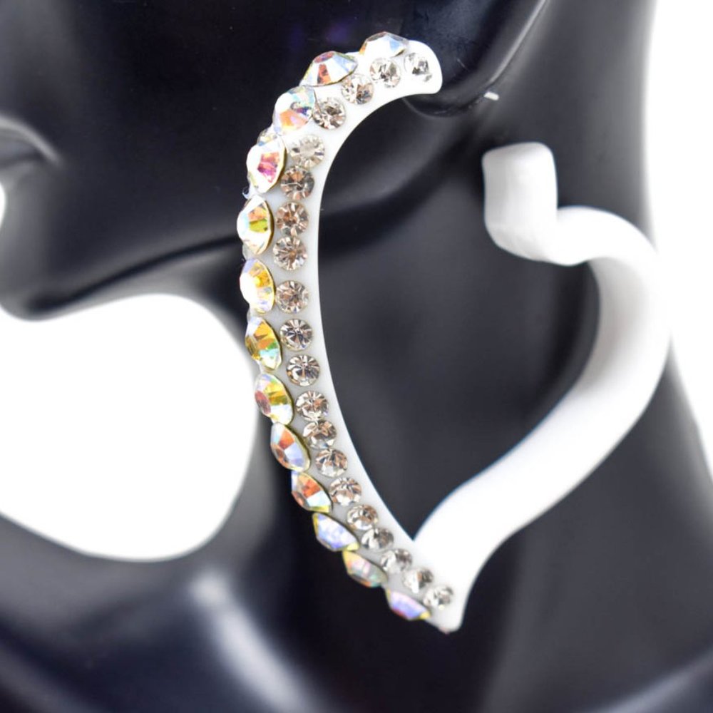 2.75" White Lucite Heart Rhinestone Hoop Earrings